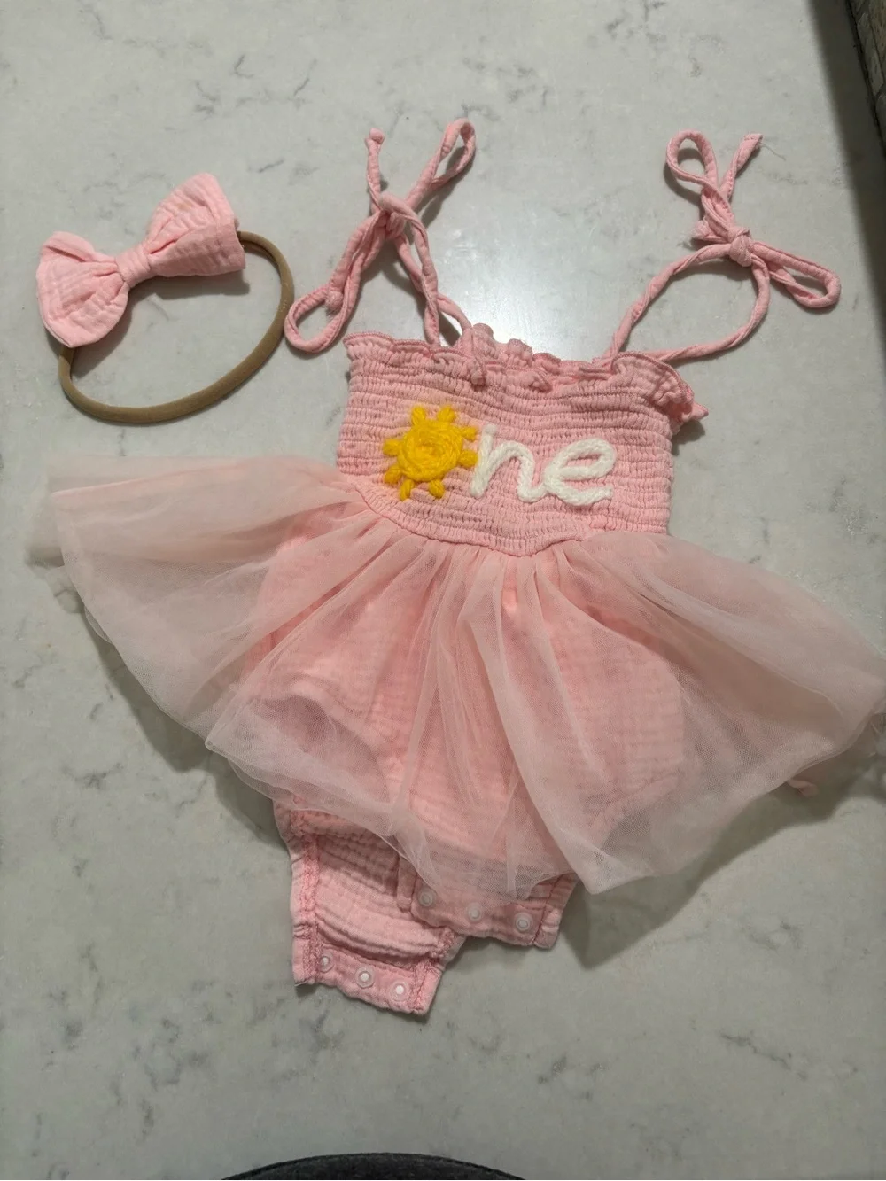 Pink 'One' Tulle Baby One-Piece with Bow Headband